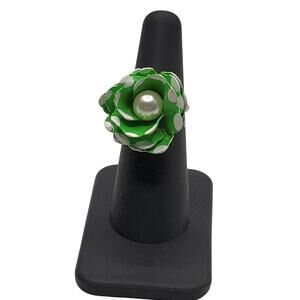 Green Enamel Flower Ring Polka Dot Pearl Statement Adjustable
